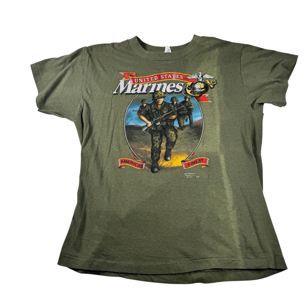 1987 US Marines T Shirt XL Green Just Brass America's Finest 80s USMC Vintage